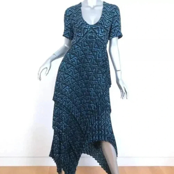 A.L.C. Kylia 100% Silk Blue Black Abstract Pleated Maxi Dress Size 4 - Picture 7 of 13